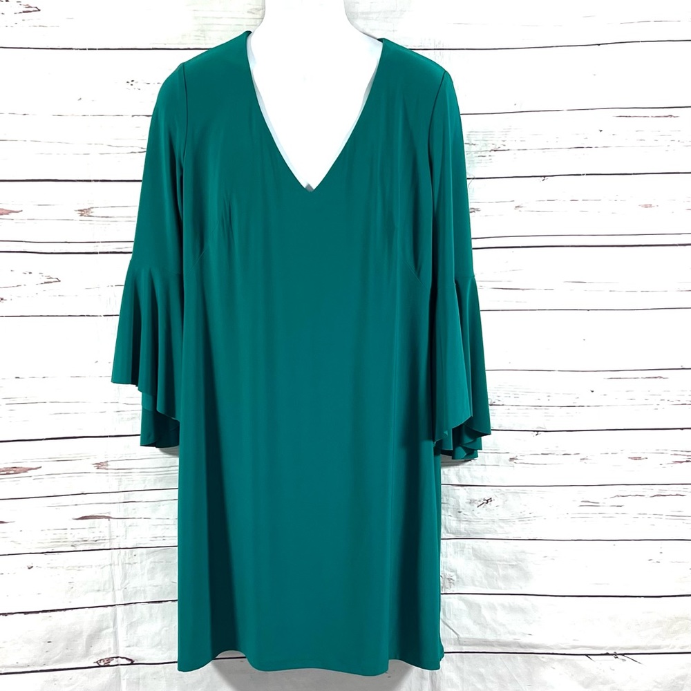 Ralph Lauren Women's Shift Jersey Dress Size 16 V-Neck Bell Sleeves Green